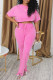 Pink Casual Solid Color Cross Straps O Neck Short Sleeve Two Pieces