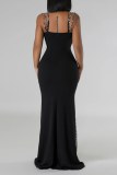 Black Sexy Formal Prom Patchwork Backless Hot Drill Spaghetti Strap Evening Dresses