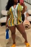 White Casual Patchwork Contrast V Neck Short Sleeve Two Pieces