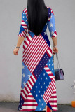 White Casual Print Strap Design Patchwork V Neck Long Dresses