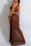 Brown Sexy Solid Color Hollow Out See-Through Backless Oblique Collar Long Dresses