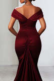 Burgundy Celebrities Solid Color Backless High Slit Zipper Patchwork Off Shoulder Long Dresses