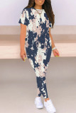 Blue Apricot Casual Camouflage Print Contrast O Neck Short Sleeve Two Pieces