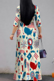 White Casual Print Strap Design Patchwork V Neck Long Dresses