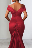 Burgundy Celebrities Solid Color Backless High Slit Zipper Patchwork Off Shoulder Long Dresses