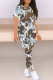 Blue Brown Casual Camouflage Print Contrast O Neck Short Sleeve Two Pieces