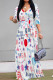 White Casual Print Strap Design Patchwork V Neck Long Dresses
