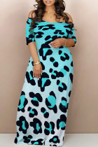 Blue Casual Animal Print Contrast Off Shoulder Printed Dresses