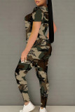 Light Army Green Casual Camouflage Print Contrast O Neck Short Sleeve Two Pieces