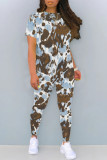 Blue Apricot Casual Camouflage Print Contrast O Neck Short Sleeve Two Pieces
