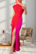 Red Street Solid Color Backless High Slit Patchwork Contrast Oblique Collar Long Dresses