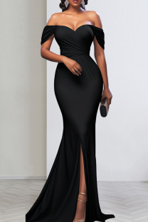 Black Celebrities Solid Color Backless High Slit Zipper Patchwork Off Shoulder Long Dresses