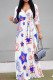 White Casual Print Strap Design Patchwork V Neck Long Dresses