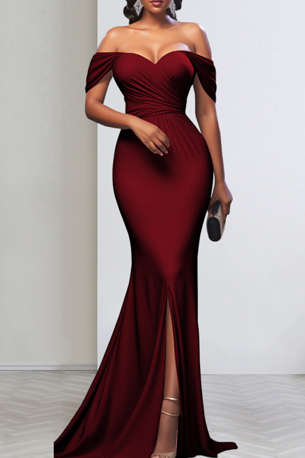 Burgundy Celebrities Solid Color Backless High Slit Zipper Patchwork Off Shoulder Long Dresses