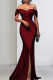 Burgundy Celebrities Solid Color Backless High Slit Zipper Patchwork Off Shoulder Long Dresses