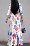 White Casual Print Strap Design Patchwork V Neck Long Dresses