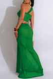 Green Sexy Solid Color Hollow Out See-Through Backless Oblique Collar Long Dresses