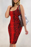 Red Sexy Snakeskin Print Backless Patchwork U Neck Wrapped Skirt Dresses