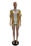 White Casual Patchwork Contrast V Neck Short Sleeve Two Pieces