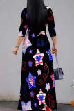 White Blue Casual Print Strap Design Patchwork V Neck Long Dresses