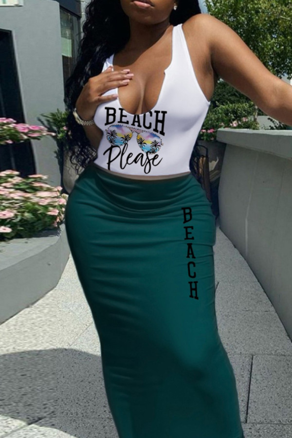 White Green Sexy Print Patchwork U Neck Sleeveless Two Pieces