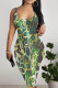 Green Sexy Snakeskin Print Backless Patchwork U Neck Wrapped Skirt Dresses