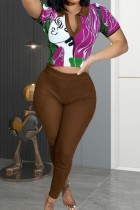 Coffee Casual Print Patchwork V Neck Short Sleeve Two Pieces