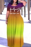 Green Yellow Casual Gradient Print Letter Print Basic O Neck Long Dresses