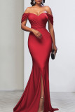 Burgundy Celebrities Solid Color Backless High Slit Zipper Patchwork Off Shoulder Long Dresses