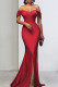 Red Celebrities Solid Color Backless High Slit Zipper Patchwork Off Shoulder Long Dresses