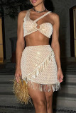Amber Celebrities Hollow Out Sequins Patchwork Fringed Hem Asymmetrical Collar Sleeveless Two Pieces