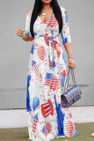 White Casual Print Strap Design Patchwork V Neck Long Dresses