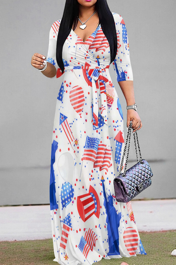 White Blue Casual Print Strap Design Patchwork V Neck Long Dresses