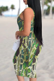 Green Sexy Snakeskin Print Backless Patchwork U Neck Wrapped Skirt Dresses