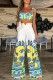 White Yellow Celebrities Print Hollow Out Backless Patchwork Square Neck Loose Jumpsuits
