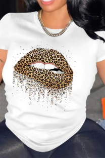 White Casual Leopard Print Lips Print O Neck T-Shirts