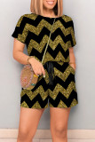 Golden Yellow Casual Ripple Print Draw String Pocket O Neck Loose Rompers
