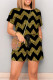 Black Casual Ripple Print Draw String Pocket O Neck Loose Rompers