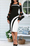 Black Hollow Out See-Through Zipper Patchwork O Neck Wrapped Skirt Dresses