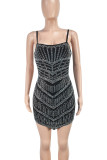 Black Sexy Backless Hot Drill Patchwork Spaghetti Strap Sling Dresses