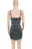 Black Sexy Backless Hot Drill Patchwork Spaghetti Strap Sling Dresses