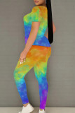 Green Yellow Casual Print Patchwork O Neck Short Sleeve Two Pieces