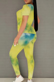 Green Yellow Casual Print Patchwork O Neck Short Sleeve Two Pieces