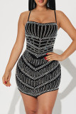 Black Sexy Backless Hot Drill Patchwork Spaghetti Strap Sling Dresses