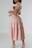 Pink Celebrities Solid Color Pocket Buckle Strap Design Patchwork Turndown Collar A Line Dresses