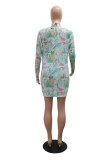 Light Green Sexy Print Slit Belted Swimsuit Three Piece Set