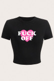 Black Sexy Letters Patchwork O Neck T-Shirts
