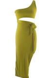 Rose Red Sexy Solid Color Hollow Out Backless High Slit Strap Design Patchwork Oblique Collar Long Dresses