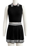Black Daily Buckle Pleated Patchwork Turndown Collar Sleeveless Two Pieces