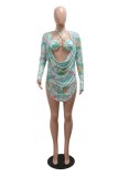 Light Green Sexy Print Slit Belted Swimsuit Three Piece Set
